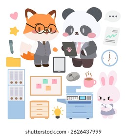 Adorable clipart set featuring panda, fox, and bunny characters in office outfits with various business elements like laptops, documents, printer, and files.
