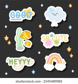 adorable cloud, fish and motivation word sticker design