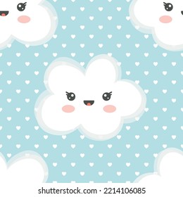 Nubes adorables con sonrisa, bonito cielo azul pastel y fondo de patrón impecable. Papel de envoltura kawaii para niños, tela e impresión textil.