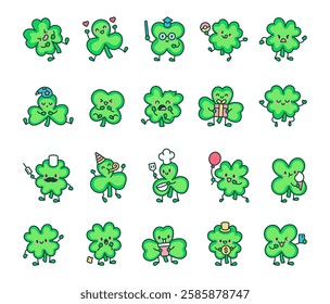 Adorable clover plant character set featuring a variety of emotions and fun accessories, including laughing, tasty donut, angry mood, gift surprise, meditation pose.