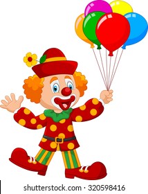 Adorable clown holding colorful balloon isolated on white background 