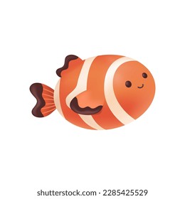 Adorable clownfish character as kids toy 3D illustration. Cartoon drawing of cute striped fish as mascot or gift in 3D style on white background. Wildlife, nature, sea creatures concept