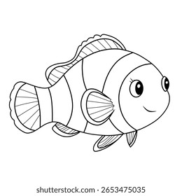 Adorable clownfish line art with big eyes and soft curves. Perfect for kids’ coloring books, ocean-themed designs, and marine life educational materials.