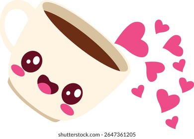 Adorable coffee cup with blushing face tilted and releasing floating pink hearts—great for Valentine themes, sweet messages, and love illustrations.