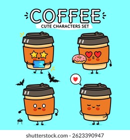 Adorable Coffee cup characters with various expressions, bats, and a donut on a colorful background.
