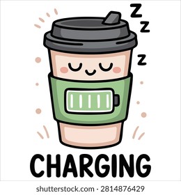 Adorable Coffee Cup Charging Cartoon Doodle Clip Art Element