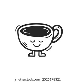 Adorable Vector de taza de café con una cara sonriente y pequeñas piernas. Ideal para logotipos de cafeterías, marcas o diseños relacionados con el café con un estilo divertido y lúdico.