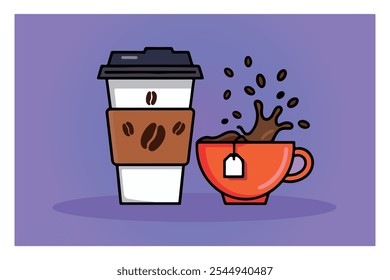 Adorables Ilustraciones vectoriales de café y té perfectas para el envasado de alimentos, coloridas pegatinas de dibujos animados de bebidas de café y té para promociones alegres de cafetería, Vector de café y té para restaurante