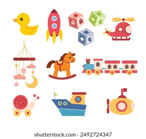 Adorable Collection of Baby Toys. Perfect for Nurseries and Playrooms. Cute and Colorful Icons. Rattles, Teddy Bears, Blocks, Cars. Isolated Flat Vector Art.