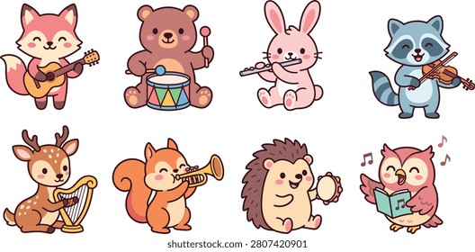 An adorable collection of cartoon animals playing musical instruments including guitar, drums, flute, and violin. Perfect for children’s designs, music themes, educational materials, and playful illustrations.