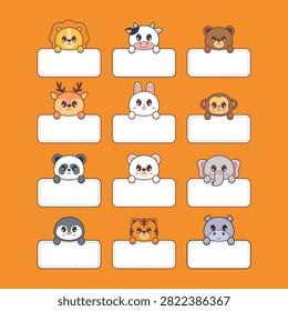 Adorable collection of cute animal text box stickers featuring blank label frames in a kawaii cartoon style. Perfect for children's worksheets, classroom materials, scrapbooking, planners, stickers, journals, invitations, greeting cards, social media, and creative design projects.