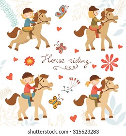 Adorable collection of cute little girls riding horses. Vector illustration