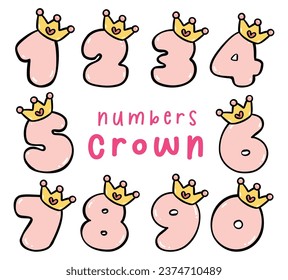 Adorable collection of cute number with crown from 0 to 9 in pastel pink color. Perfect for kids' parties and creative projects. Add a touch of joy to your designs