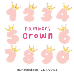 Adorable collection of cute number with crown from 0 to 9 in pastel pink color. Perfect for kids' parties and creative projects. Add a touch of joy to your designs