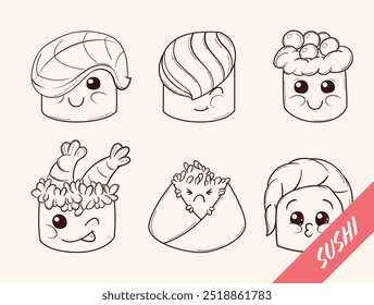 Adorable Collection of Cute Vector Sushi and Rolls: A delightful set of black and white vector illustrations perfect for your creative projects or packaging. Add a little whimsy to your design
