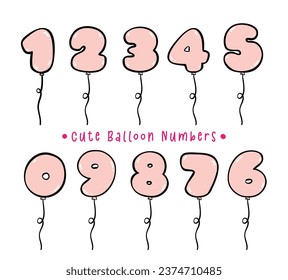 Adorable collection of doodle illustrations featuring cute balloon numbers from 0 to 9. Perfect for kids' parties and creative projects. Add a touch of joy to your designs