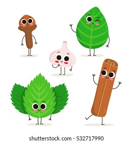 Adorable collection of five cartoon herbs & spices characters isolated on white: clove, basil, garlic, mint and cinnamon