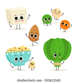 Adorable collection of five cartoon vegan protein food characters isolated on white: tofu, lentils, almond, oats and spinach