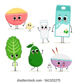 Adorable collection of five cartoon vegan protein food characters isolated on white: quinoa, soy milk, kale, avocado and rice