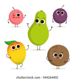 Adorable collection of five exotic fruit cartoon characters isolated on white: lychee, mango, papaya, passion fruit and coconut