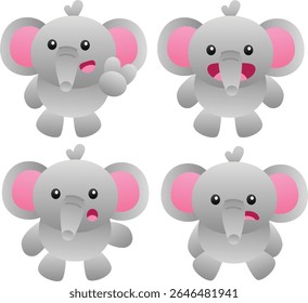 Adorable collection of four cartoon baby elephants in various poses and expressions, from happy to surprised. Perfect for children's books, nursery decor, and cute animal themes.
