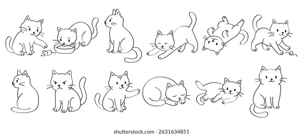 Adorable collection of hand drawn cartoon cats in different poses and moods. Perfect for children's products, pet related designs, coloring books, stickers or educational materials
