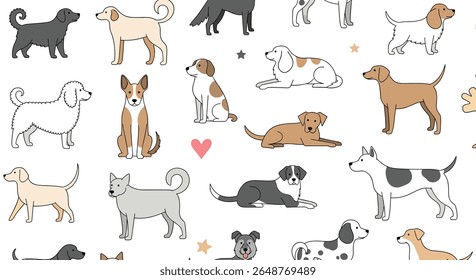 Uma coleção adorável de cães ilustrados em várias poses e raças mostrando suas personalidades divertidas e adoráveis