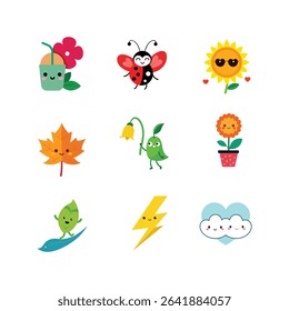 Adorable Collection of Kawaii Nature Icons Featuring a Drink, Ladybug, Sunflower, Leaves, Bird, Flower, Lightning Bolt and Clouds