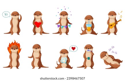 Adorable collection of otter emojis in playful poses. Ideal for fun and engaging illustrations.