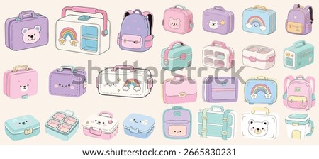 Adorable collection of pastel-colored lunchboxes, backpacks, and school bags with cute animal and rainbow designs.