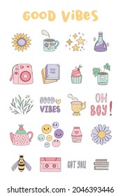 Adorable collection pf vector good vibes stickers, patches, cute pastel badges, fun cartoon icons.