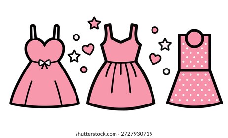 Una adorable colección de vestidos rosas pensada para chicas jóvenes o temáticas de moda. El conjunto muestra tres estilos de vestir distintos, cada uno adornado con lindos destellos y estrellas. Los tonos rosados suaves y el estilo de Vector plano hacen que estas ilustraciones sean perfectas para invitaciones de baby shower, marcas de ropa para niños, decoración de guarderías, proyectos de moda femenina y planificación de fiestas.