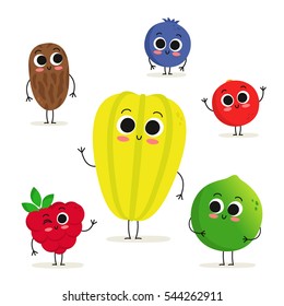 Adorable collection of six fruit and berry cartoon characters isolated on white: date, raspberry, carambola, blueberry, cranberry and lime