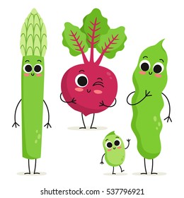 Adorable collection of three cartoon vegetable characters isolated on white: asparagus, beet and beans