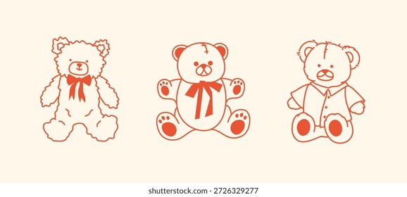 Adorable colección de tres lindos osos con arcos y pijamas en un estilo lineal simple. Perfecto para tarjetas de felicitación, invitaciones, pegatinas, embalaje, tarjetas de San Valentín, tarjetas de cumpleaños.