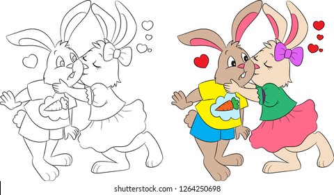 Adorable color and black and white illustration of a couple of rabbits kissing, with hearts in the background, perfect for children's coloring book, Valentine's Day card, or Easter card