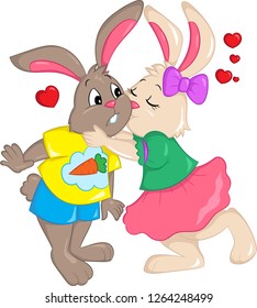 Adorable color illustration of a couple of rabbits kissing, with hearts in the background, perfect for children's book, Valentine's Day card, or Easter card