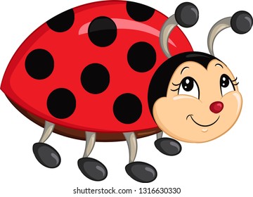 Adorable color kawaii illustration of a cute little ladybug, smiling, with dots and antennas, perfect for children's book