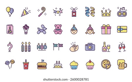 Adorable Colorful Birthday Party Icons Collection.