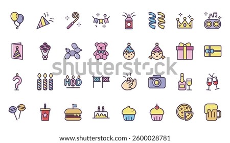 Adorable Colorful Birthday Party Icons Collection.
