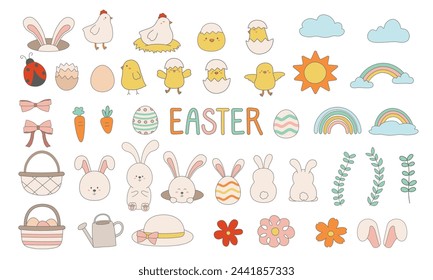 Adorable Conjunto de elementos de Pascua coloridos. Conejito lindo dibujado a mano, conejo, huevos, polluelo, y más.