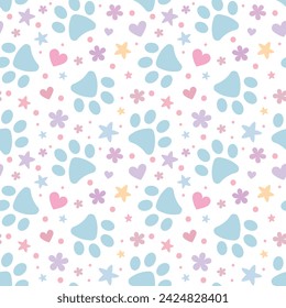 Adorable colorful paw print pattern for pets, vector background with stars and hearts