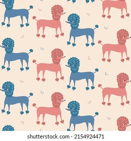 Adorable colorful poodle dogs hand drawn vector illustration. Animal seamless pattern for children.