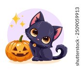 Adorable colorful vector illustration of a cute black cat with big eyes sitting beside a carved Halloween pumpkin 