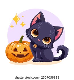 Adorable colorful vector illustration of a cute black cat with big eyes sitting beside a carved Halloween pumpkin 