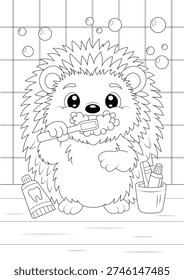 Adorable coloring page featuring a cute hedgehog brushing its teeth, with a tube of toothpaste nearby and floating bubbles. Fun dental hygiene design for kids, perfect for teaching healthy habits. Great for educational activities, preschool worksheets, children's coloring books, and pediatric dentist office materials.