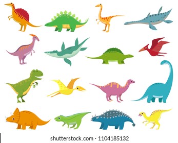 Adorable comic dinosaurs character. Cute baby stegosaurus dinosaur. Prehistoric cartoon animals of jurassic era isolated vector dino tyrannosaurus pterosaur triceratops diplodocus brachiosaurus set