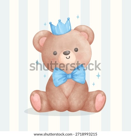 Adorable Coquette Teddy Bear with Blue Bow and Crown watercolor, nursery birthday Boy hand painting illustration