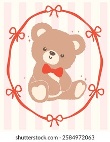 Adorable Coquette Teddy Bear with Bow in Ribbon Frame Cartoon Hand Drawn flat design
