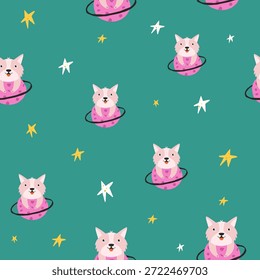 Adorable Corgi Puppy en el espacio exterior con estrellas y planetas sin patrón, fondo para el vivero